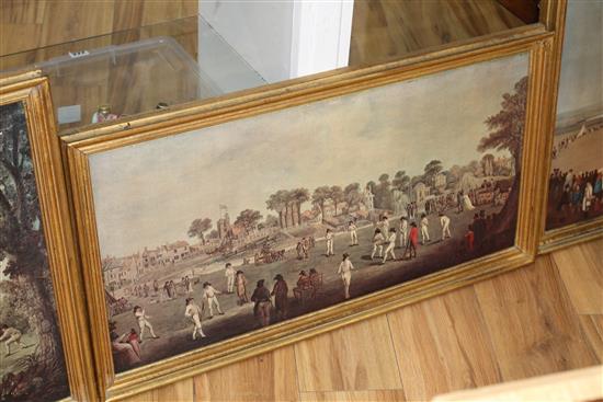 Six oileographs, all reproductions of famous early depictions of cricket, largest 51 x 74cm